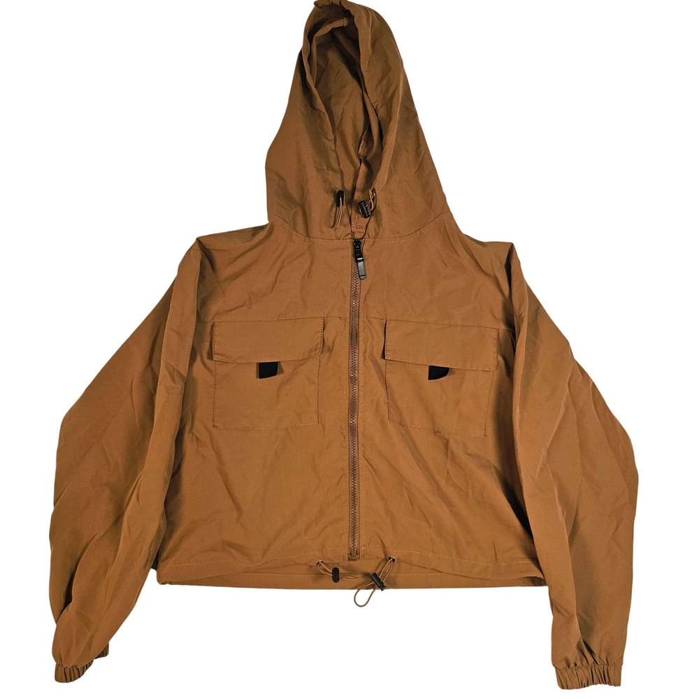 Thrill Womens Large Brown Cropped Hooded Windbreaker Jacket Full Zip Utility Top